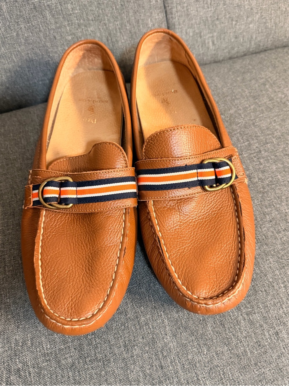 Polo Ralph Lauren Men's brown Leather Loafers with Navy blue and orange Strap